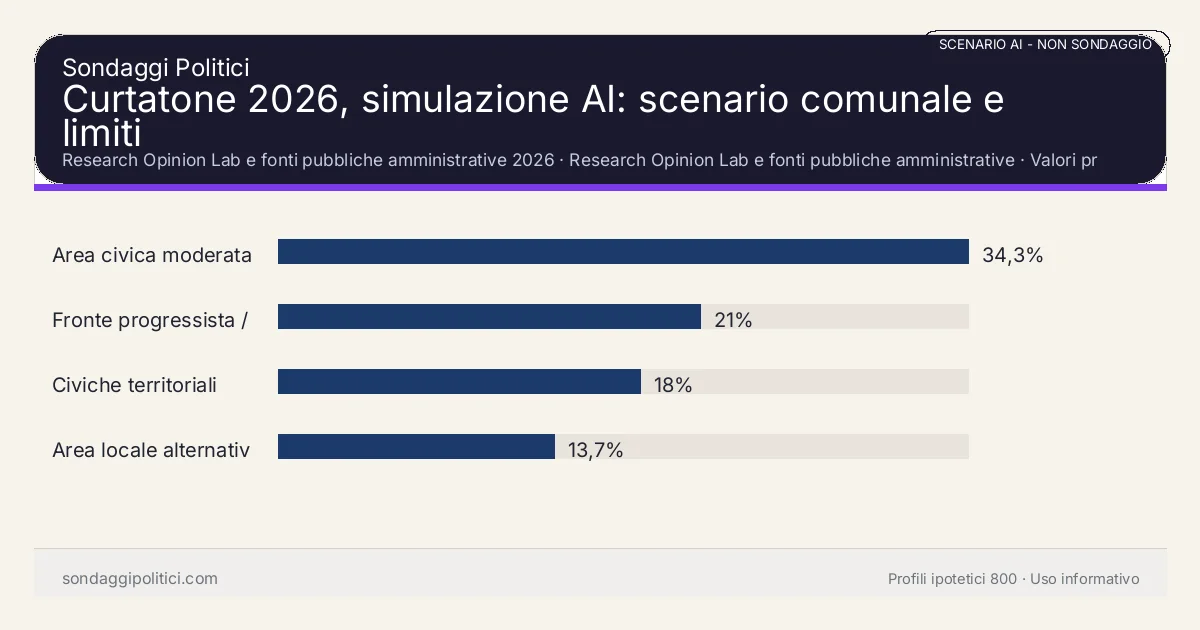 NON È UN SONDAGGIO Research Opinion Lab e fonti pubbliche amministrative 2026 Valori prodotti dal Research Opinion Lab e da leggere come scenario editoriale.: Curtatone 2026, simulazione AI: scenario comunale e limiti. Risultati: Area civica moderata 34,3%, Fronte progressista / civico 21%, Civiche territoriali 18%. Scenario AI non demoscopico basato su fonti pubbliche e revisione umana; non è un sondaggio, non misura intenzioni di voto reali e non è una previsione elettorale.