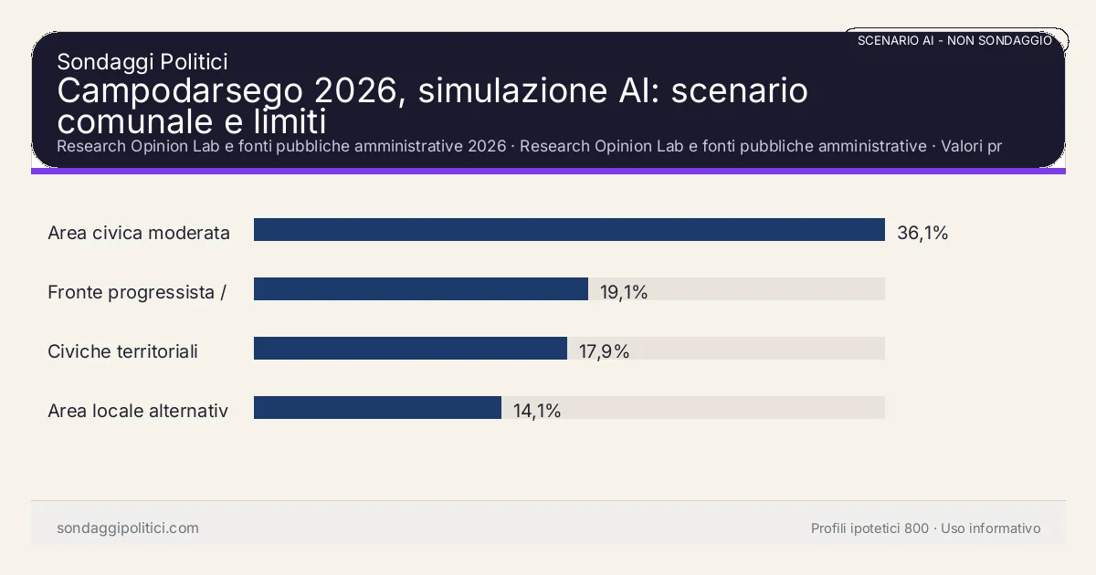 NON È UN SONDAGGIO Research Opinion Lab e fonti pubbliche amministrative 2026 Valori prodotti dal Research Opinion Lab e da leggere come scenario editoriale.: Campodarsego 2026, simulazione AI: scenario comunale e limiti. Risultati: Area civica moderata 36,1%, Fronte progressista / civico 19,1%, Civiche territoriali 17,9%. Scenario AI non demoscopico basato su fonti pubbliche e revisione umana; non è un sondaggio, non misura intenzioni di voto reali e non è una previsione elettorale.