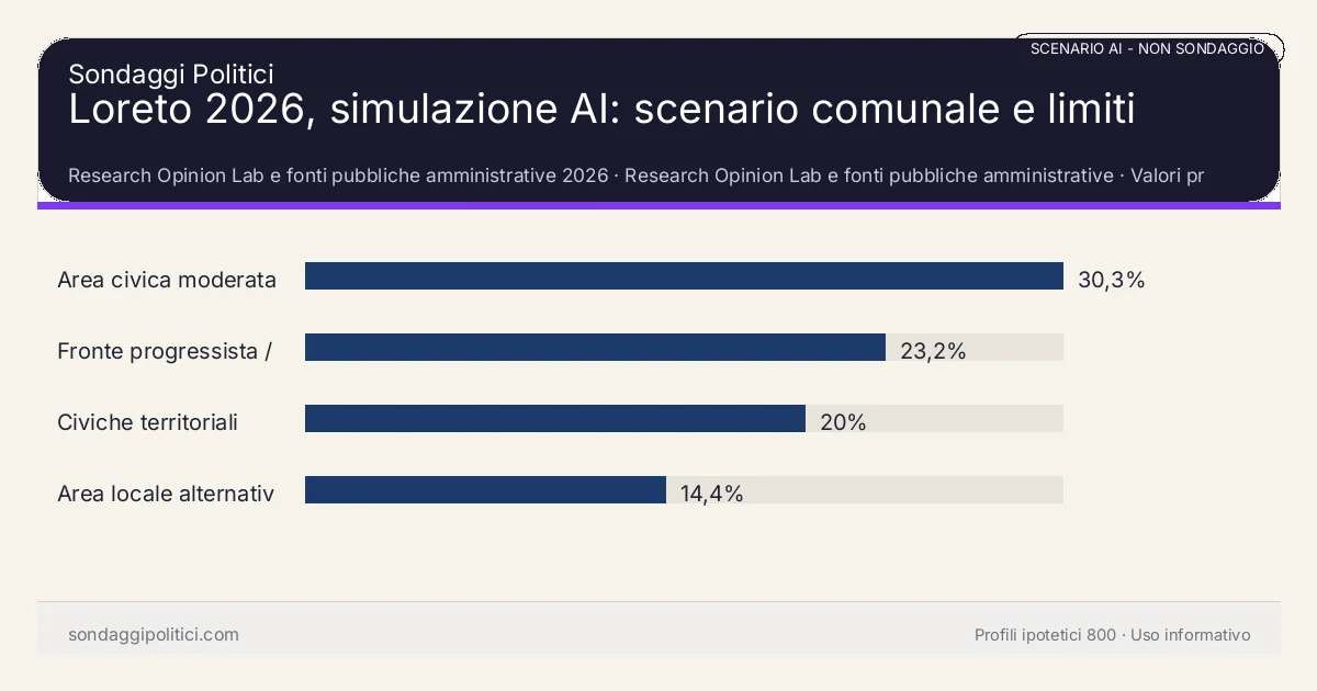 NON È UN SONDAGGIO Research Opinion Lab e fonti pubbliche amministrative 2026 Valori prodotti dal Research Opinion Lab e da leggere come scenario editoriale.: Loreto 2026, simulazione AI: scenario comunale e limiti. Risultati: Area civica moderata 30,3%, Fronte progressista / civico 23,2%, Civiche territoriali 20%. Scenario AI non demoscopico basato su fonti pubbliche e revisione umana; non è un sondaggio, non misura intenzioni di voto reali e non è una previsione elettorale.