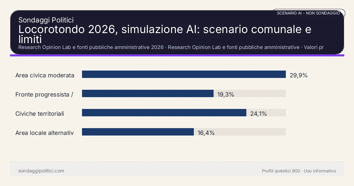 NON È UN SONDAGGIO Research Opinion Lab e fonti pubbliche amministrative 2026 Valori prodotti dal Research Opinion Lab e da leggere come scenario editoriale.: Locorotondo 2026, simulazione AI: scenario comunale e limiti. Risultati: Area civica moderata 29,9%, Fronte progressista / civico 19,3%, Civiche territoriali 24,1%. Scenario AI non demoscopico basato su fonti pubbliche e revisione umana; non è un sondaggio, non misura intenzioni di voto reali e non è una previsione elettorale.