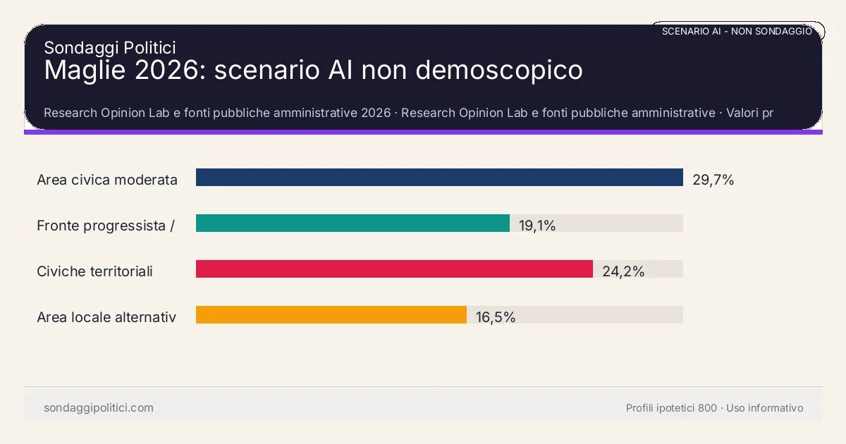 NON È UN SONDAGGIO Research Opinion Lab e fonti pubbliche amministrative 2026 Valori prodotti dal Research Opinion Lab e da leggere come scenario editoriale.: Maglie 2026: scenario AI non demoscopico. Risultati: Area civica moderata 29,7%, Fronte progressista / civico 19,1%, Civiche territoriali 24,2%. Scenario AI non demoscopico: non è un sondaggio, non misura intenzioni di voto e non costituisce pronostico.