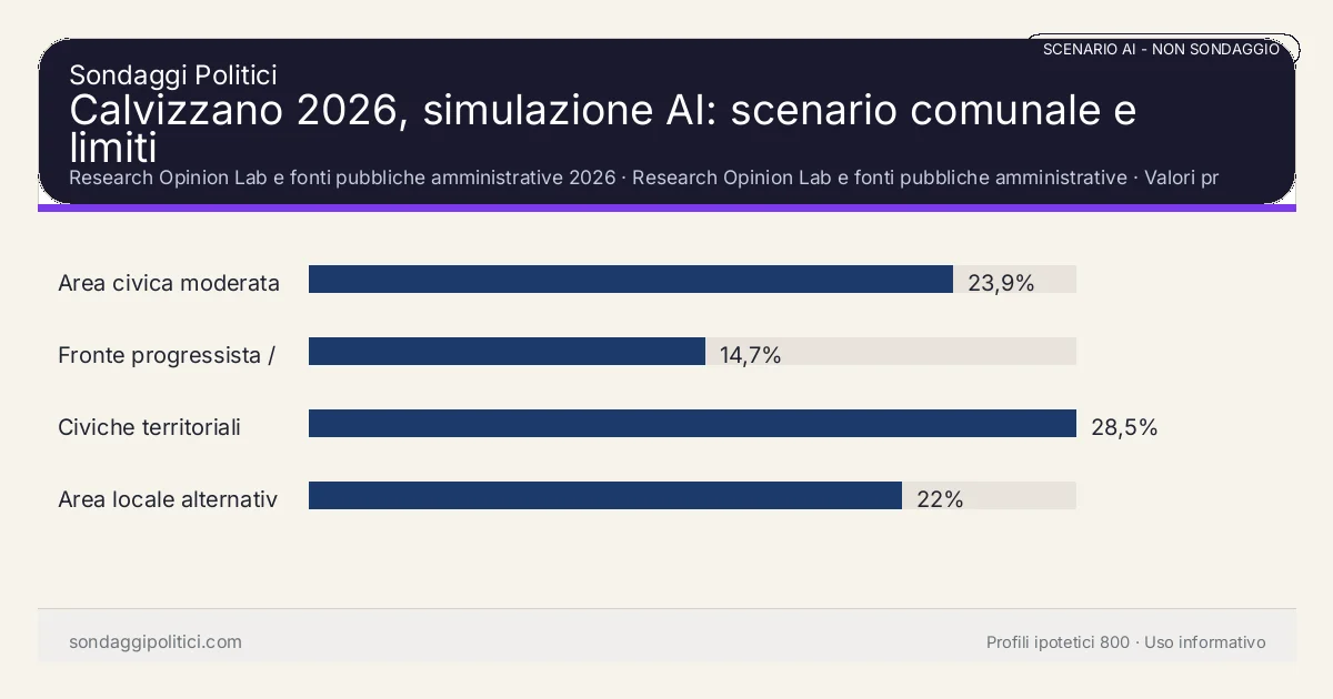 NON È UN SONDAGGIO Research Opinion Lab e fonti pubbliche amministrative 2026 Valori prodotti dal Research Opinion Lab e da leggere come scenario editoriale.: Calvizzano 2026, simulazione AI: scenario comunale e limiti. Risultati: Area civica moderata 23,9%, Fronte progressista / civico 14,7%, Civiche territoriali 28,5%. Scenario AI non demoscopico basato su fonti pubbliche e revisione umana; non è un sondaggio, non misura intenzioni di voto reali e non è una previsione elettorale.