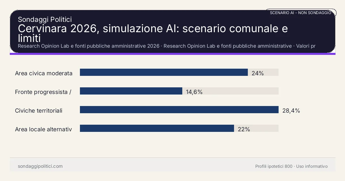 NON È UN SONDAGGIO Research Opinion Lab e fonti pubbliche amministrative 2026 Valori prodotti dal Research Opinion Lab e da leggere come scenario editoriale.: Cervinara 2026, simulazione AI: scenario comunale e limiti. Risultati: Area civica moderata 24%, Fronte progressista / civico 14,6%, Civiche territoriali 28,4%. Scenario AI non demoscopico basato su fonti pubbliche e revisione umana; non è un sondaggio, non misura intenzioni di voto reali e non è una previsione elettorale.