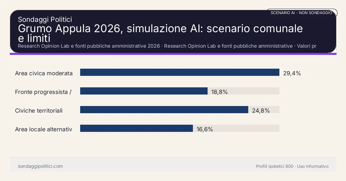 NON È UN SONDAGGIO Research Opinion Lab e fonti pubbliche amministrative 2026 Valori prodotti dal Research Opinion Lab e da leggere come scenario editoriale.: Grumo Appula 2026, simulazione AI: scenario comunale e limiti. Risultati: Area civica moderata 29,4%, Fronte progressista / civico 18,8%, Civiche territoriali 24,8%. Scenario AI non demoscopico basato su fonti pubbliche e revisione umana; non è un sondaggio, non misura intenzioni di voto reali e non è una previsione elettorale.