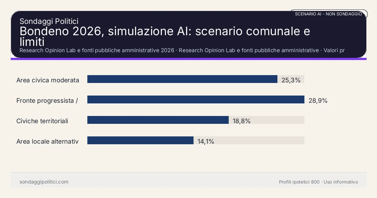 NON È UN SONDAGGIO Research Opinion Lab e fonti pubbliche amministrative 2026 Valori prodotti dal Research Opinion Lab e da leggere come scenario editoriale.: Bondeno 2026, simulazione AI: scenario comunale e limiti. Risultati: Area civica moderata 25,3%, Fronte progressista / civico 28,9%, Civiche territoriali 18,8%. Scenario AI non demoscopico basato su fonti pubbliche e revisione umana; non è un sondaggio, non misura intenzioni di voto reali e non è una previsione elettorale.