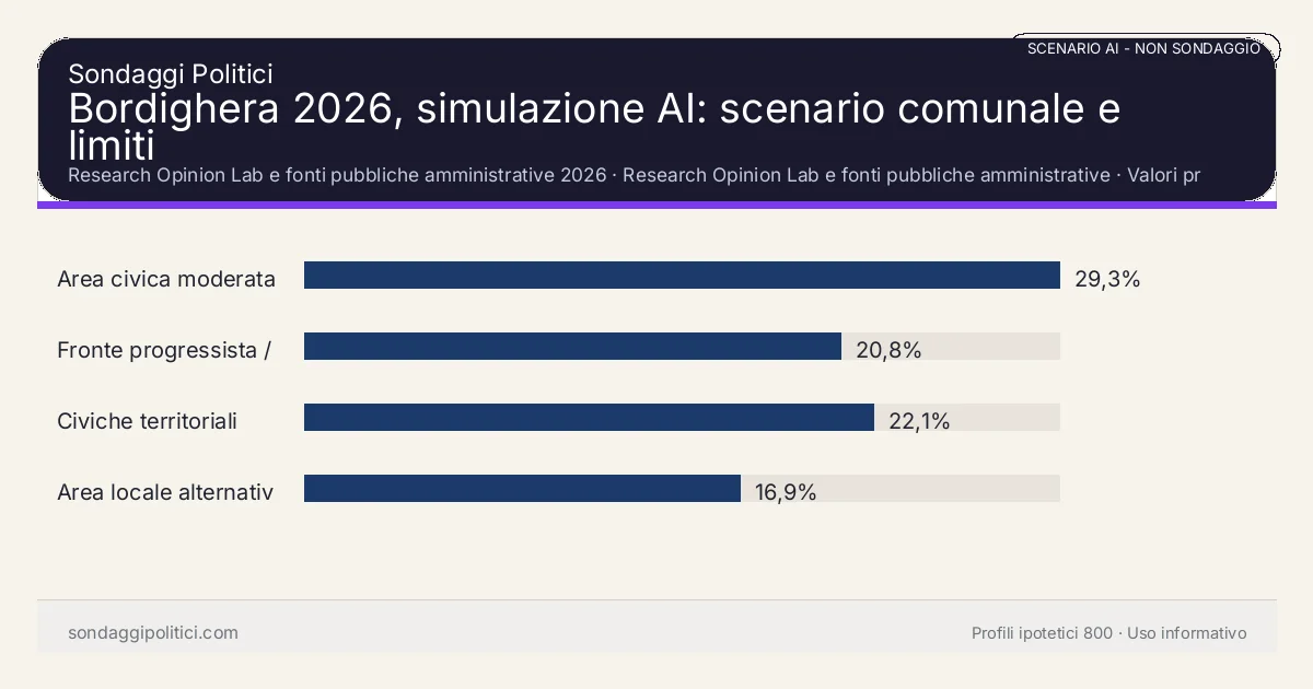 NON È UN SONDAGGIO Research Opinion Lab e fonti pubbliche amministrative 2026 Valori prodotti dal Research Opinion Lab e da leggere come scenario editoriale.: Bordighera 2026, simulazione AI: scenario comunale e limiti. Risultati: Area civica moderata 29,3%, Fronte progressista / civico 20,8%, Civiche territoriali 22,1%. Scenario AI non demoscopico basato su fonti pubbliche e revisione umana; non è un sondaggio, non misura intenzioni di voto reali e non è una previsione elettorale.