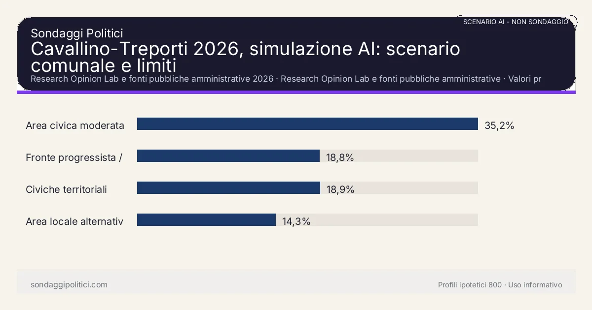 NON È UN SONDAGGIO Research Opinion Lab e fonti pubbliche amministrative 2026 Valori prodotti dal Research Opinion Lab e da leggere come scenario editoriale.: Cavallino-Treporti 2026, simulazione AI: scenario comunale e limiti. Risultati: Area civica moderata 35,2%, Fronte progressista / civico 18,8%, Civiche territoriali 18,9%. Scenario AI non demoscopico basato su fonti pubbliche e revisione umana; non è un sondaggio, non misura intenzioni di voto reali e non è una previsione elettorale.