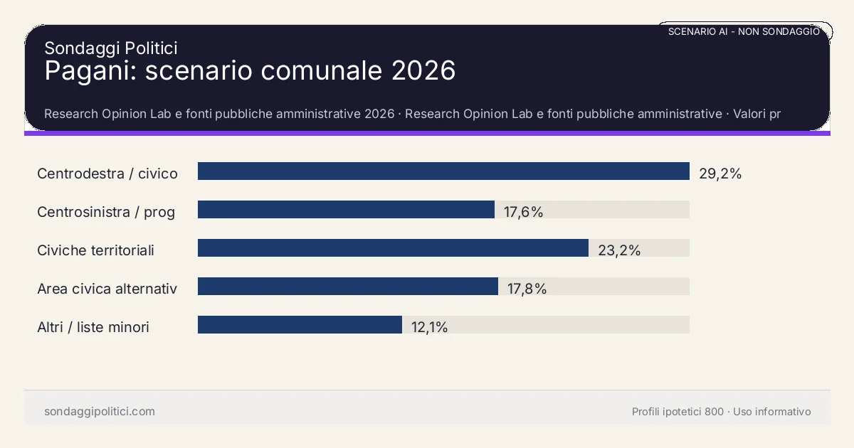 NON È UN SONDAGGIO Research Opinion Lab e fonti pubbliche amministrative 2026 Valori prodotti dal Research Opinion Lab e da leggere come scenario editoriale.: Pagani: scenario comunale 2026. Risultati: Centrodestra / civico moderato 29,2%, Centrosinistra / progressista 17,6%, Civiche territoriali 23,2%. Scenario AI non demoscopico: non è un sondaggio, non misura intenzioni di voto, non deriva da interviste o campioni rappresentativi e non è una previsione elettorale.