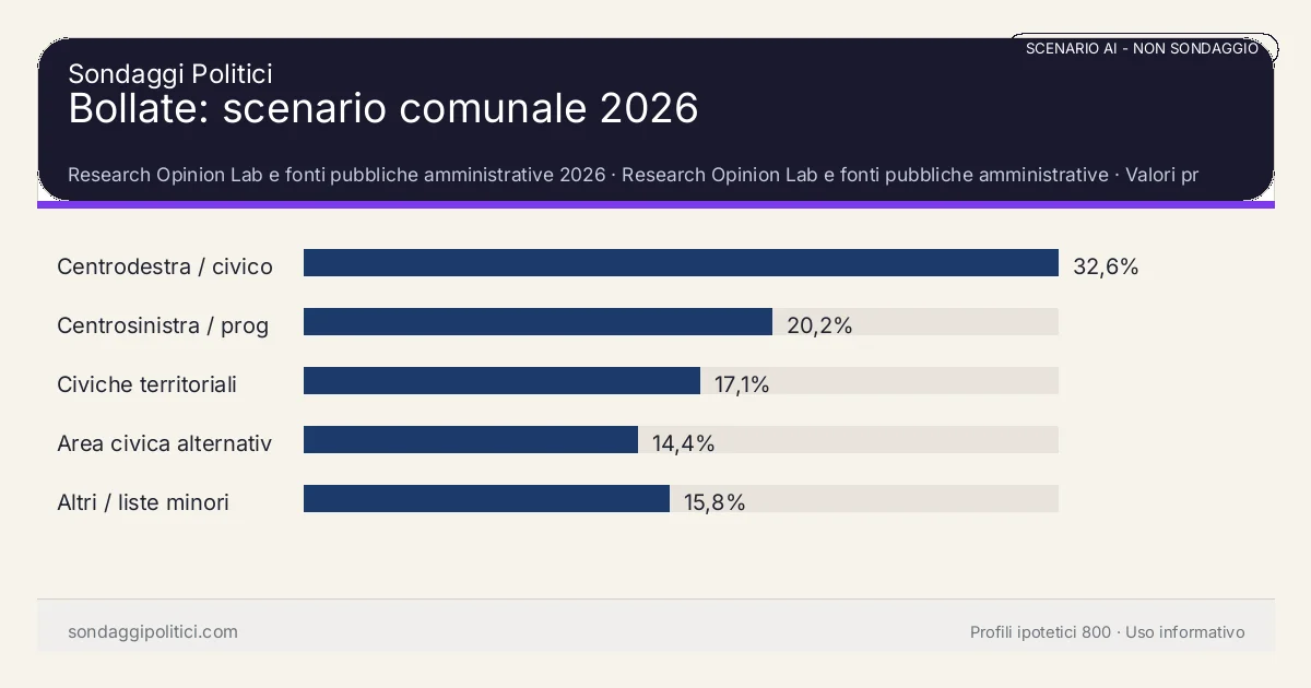 NON È UN SONDAGGIO Research Opinion Lab e fonti pubbliche amministrative 2026 Valori prodotti dal Research Opinion Lab e da leggere come scenario editoriale.: Bollate: scenario comunale 2026. Risultati: Centrodestra / civico moderato 32,6%, Centrosinistra / progressista 20,2%, Civiche territoriali 17,1%. Scenario AI non demoscopico: non è un sondaggio, non misura intenzioni di voto, non deriva da interviste o campioni rappresentativi e non è una previsione elettorale.