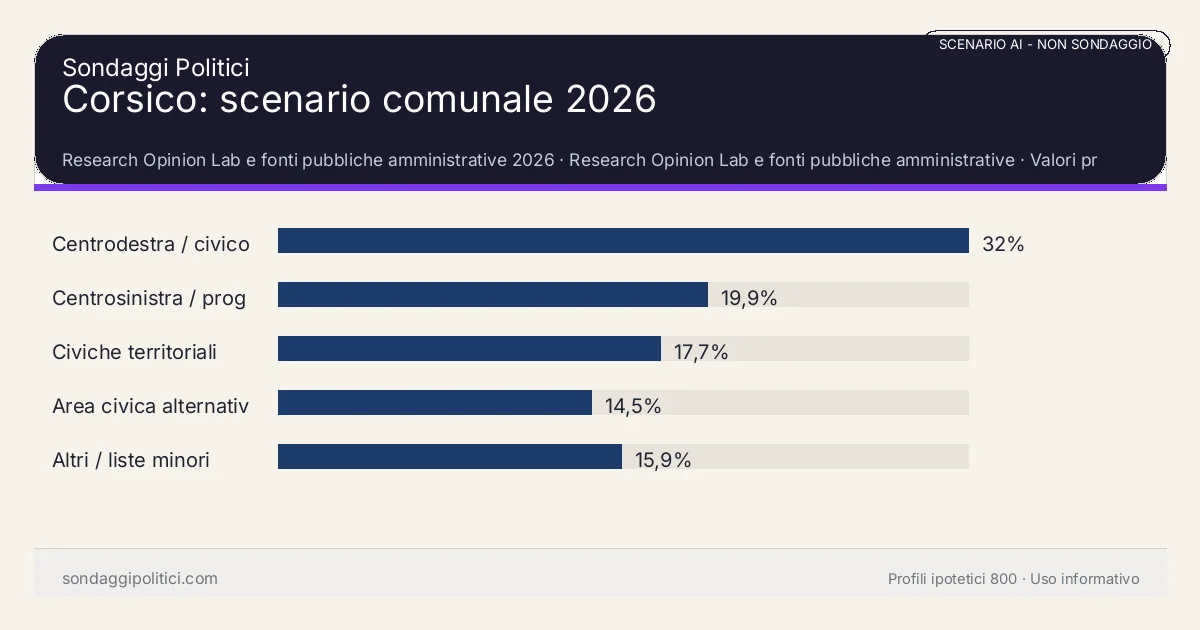 NON È UN SONDAGGIO Research Opinion Lab e fonti pubbliche amministrative 2026 Valori prodotti dal Research Opinion Lab e da leggere come scenario editoriale.: Corsico: scenario comunale 2026. Risultati: Centrodestra / civico moderato 32%, Centrosinistra / progressista 19,9%, Civiche territoriali 17,7%. Scenario AI non demoscopico: non è un sondaggio, non misura intenzioni di voto, non deriva da interviste o campioni rappresentativi e non è una previsione elettorale.