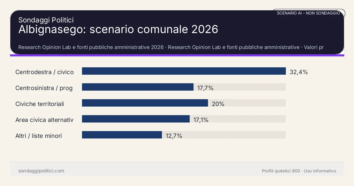 NON È UN SONDAGGIO Research Opinion Lab e fonti pubbliche amministrative 2026 Valori prodotti dal Research Opinion Lab e da leggere come scenario editoriale.: Albignasego: scenario comunale 2026. Risultati: Centrodestra / civico moderato 32,4%, Centrosinistra / progressista 17,7%, Civiche territoriali 20%. Scenario AI non demoscopico: non è un sondaggio, non misura intenzioni di voto, non deriva da interviste o campioni rappresentativi e non è una previsione elettorale.