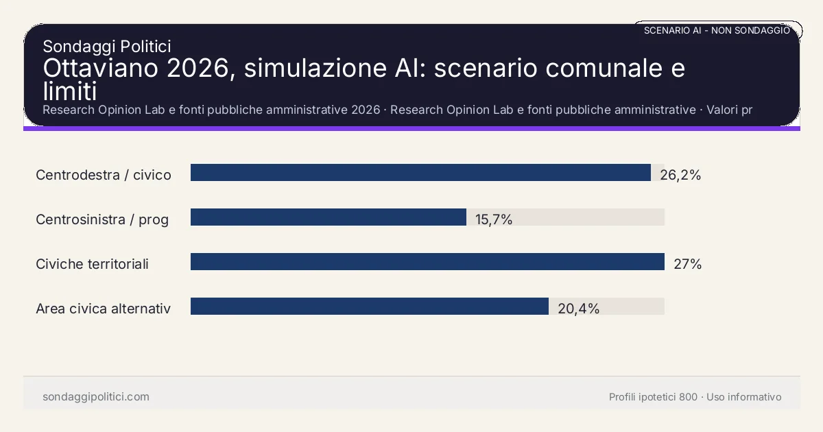 NON È UN SONDAGGIO Research Opinion Lab e fonti pubbliche amministrative 2026 Valori prodotti dal Research Opinion Lab e da leggere come scenario editoriale.: Ottaviano 2026, simulazione AI: scenario comunale e limiti. Risultati: Centrodestra / civico moderato 26,2%, Centrosinistra / progressista 15,7%, Civiche territoriali 27%. Scenario AI non demoscopico basato su fonti pubbliche e revisione umana; non è un sondaggio, non misura intenzioni di voto reali e non è una previsione elettorale.