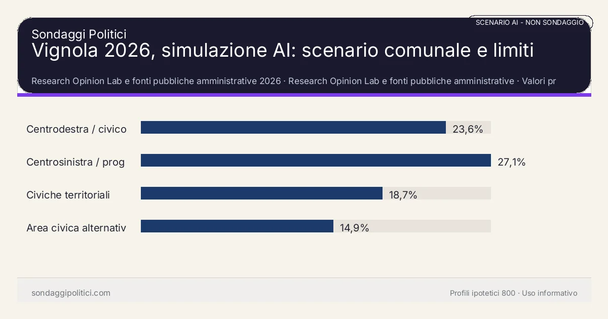 NON È UN SONDAGGIO Research Opinion Lab e fonti pubbliche amministrative 2026 Valori prodotti dal Research Opinion Lab e da leggere come scenario editoriale.: Vignola 2026, simulazione AI: scenario comunale e limiti. Risultati: Centrodestra / civico moderato 23,6%, Centrosinistra / progressista 27,1%, Civiche territoriali 18,7%. Scenario AI non demoscopico basato su fonti pubbliche e revisione umana; non è un sondaggio, non misura intenzioni di voto reali e