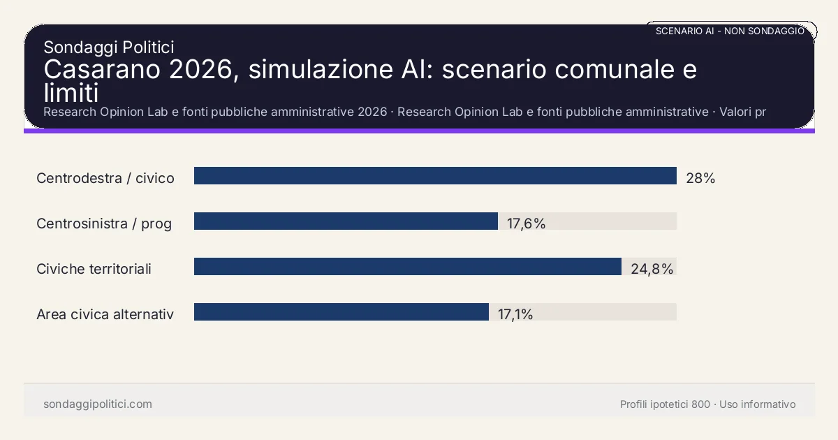 NON È UN SONDAGGIO Research Opinion Lab e fonti pubbliche amministrative 2026 Valori prodotti dal Research Opinion Lab e da leggere come scenario editoriale.: Casarano 2026, simulazione AI: scenario comunale e limiti. Risultati: Centrodestra / civico moderato 28%, Centrosinistra / progressista 17,6%, Civiche territoriali 24,8%. Scenario AI non demoscopico basato su fonti pubbliche e revisione umana; non è un sondaggio, non misura intenzioni di voto reali e non è una previsione elettorale.