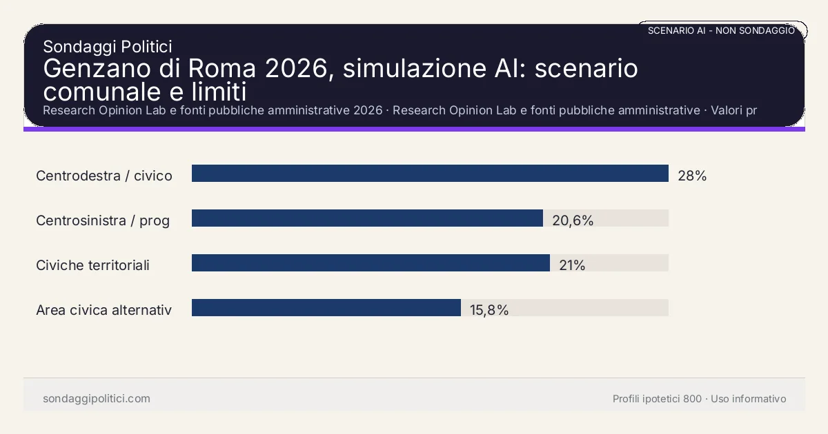 NON È UN SONDAGGIO Research Opinion Lab e fonti pubbliche amministrative 2026 Valori prodotti dal Research Opinion Lab e da leggere come scenario editoriale.: Genzano di Roma 2026, simulazione AI: scenario comunale e limiti. Risultati: Centrodestra / civico moderato 28%, Centrosinistra / progressista 20,6%, Civiche territoriali 21%. Scenario AI non demoscopico basato su fonti pubbliche e revisione umana; non è un sondaggio, non misura intenzioni di voto reali e non è una previsione elettorale.