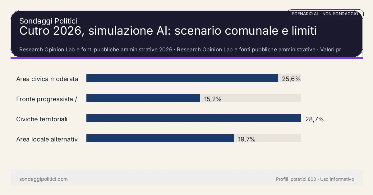NON È UN SONDAGGIO Research Opinion Lab e fonti pubbliche amministrative 2026 Valori prodotti dal Research Opinion Lab e da leggere come scenario editoriale.: Cutro 2026, simulazione AI: scenario comunale e limiti. Risultati: Area civica moderata 25,6%, Fronte progressista / civico 15,2%, Civiche territoriali 28,7%. Scenario AI non demoscopico basato su fonti pubbliche e revisione umana; non è un sondaggio, non misura intenzioni di voto reali e non è una previsione elettorale.