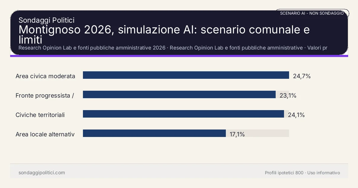 NON È UN SONDAGGIO Research Opinion Lab e fonti pubbliche amministrative 2026 Valori prodotti dal Research Opinion Lab e da leggere come scenario editoriale.: Montignoso 2026, simulazione AI: scenario comunale e limiti. Risultati: Area civica moderata 24,7%, Fronte progressista / civico 23,1%, Civiche territoriali 24,1%. Scenario AI non demoscopico basato su fonti pubbliche e revisione umana; non è un sondaggio, non misura intenzioni di voto reali e non è una previsione elettorale.
