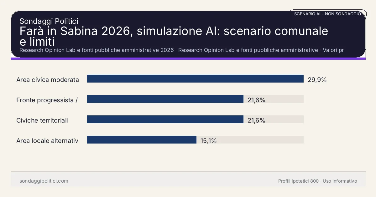 NON È UN SONDAGGIO Research Opinion Lab e fonti pubbliche amministrative 2026 Valori prodotti dal Research Opinion Lab e da leggere come scenario editoriale.: Farà in Sabina 2026, simulazione AI: scenario comunale e limiti. Risultati: Area civica moderata 29,9%, Fronte progressista / civico 21,6%, Civiche territoriali 21,6%. Scenario AI non demoscopico basato su fonti pubbliche e revisione umana; non è un sondaggio, non misura intenzioni di voto reali e non è una previsione elettorale.