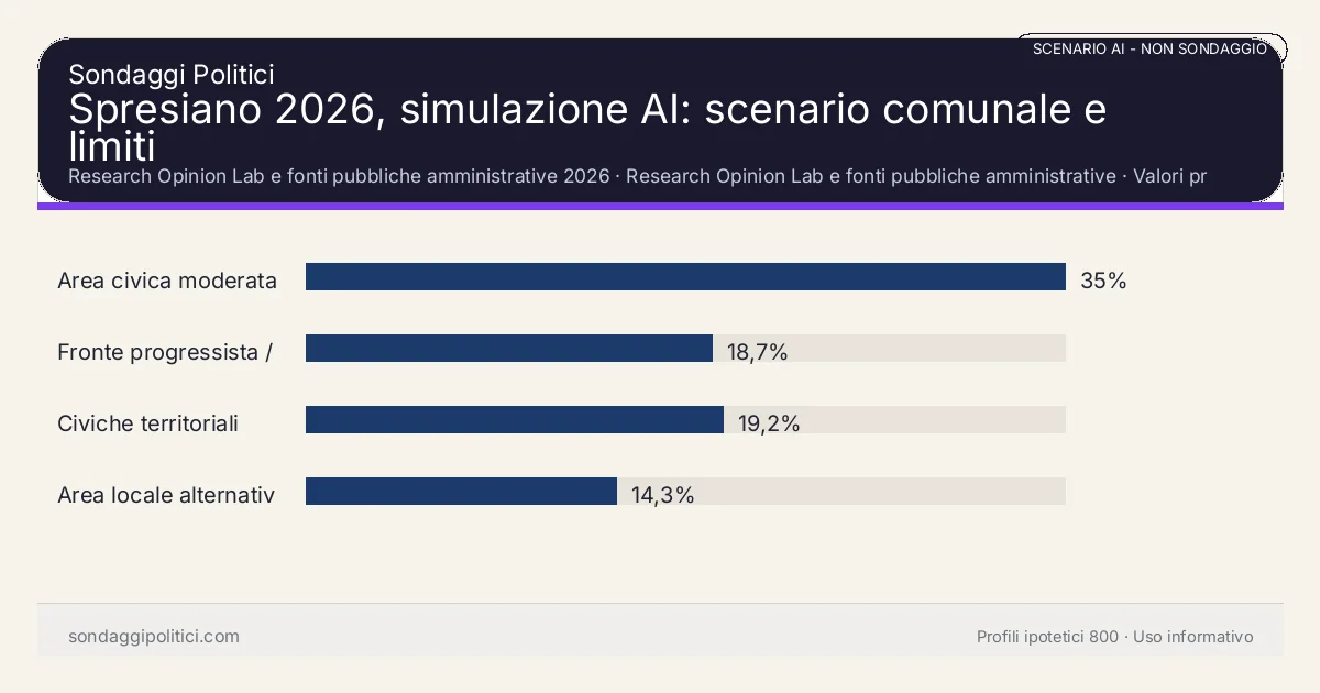 NON È UN SONDAGGIO Research Opinion Lab e fonti pubbliche amministrative 2026 Valori prodotti dal Research Opinion Lab e da leggere come scenario editoriale.: Spresiano 2026, simulazione AI: scenario comunale e limiti. Risultati: Area civica moderata 35%, Fronte progressista / civico 18,7%, Civiche territoriali 19,2%. Scenario AI non demoscopico basato su fonti pubbliche e revisione umana; non è un sondaggio, non misura intenzioni di voto reali e non è una previsione elettorale.