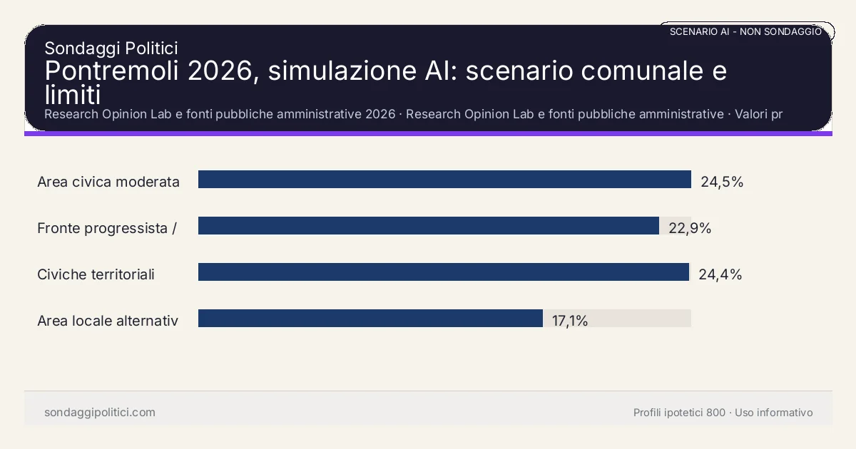 NON È UN SONDAGGIO Research Opinion Lab e fonti pubbliche amministrative 2026 Valori prodotti dal Research Opinion Lab e da leggere come scenario editoriale.: Pontremoli 2026, simulazione AI: scenario comunale e limiti. Risultati: Area civica moderata 24,5%, Fronte progressista / civico 22,9%, Civiche territoriali 24,4%. Scenario AI non demoscopico basato su fonti pubbliche e revisione umana; non è un sondaggio, non misura intenzioni di voto reali e non è una previsione elettorale.