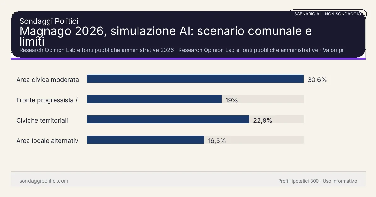 NON È UN SONDAGGIO Research Opinion Lab e fonti pubbliche amministrative 2026 Valori prodotti dal Research Opinion Lab e da leggere come scenario editoriale.: Magnago 2026, simulazione AI: scenario comunale e limiti. Risultati: Area civica moderata 30,6%, Fronte progressista / civico 19%, Civiche territoriali 22,9%. Scenario AI non demoscopico basato su fonti pubbliche e revisione umana; non è un sondaggio, non misura intenzioni di voto reali e non è una previsione elettorale.