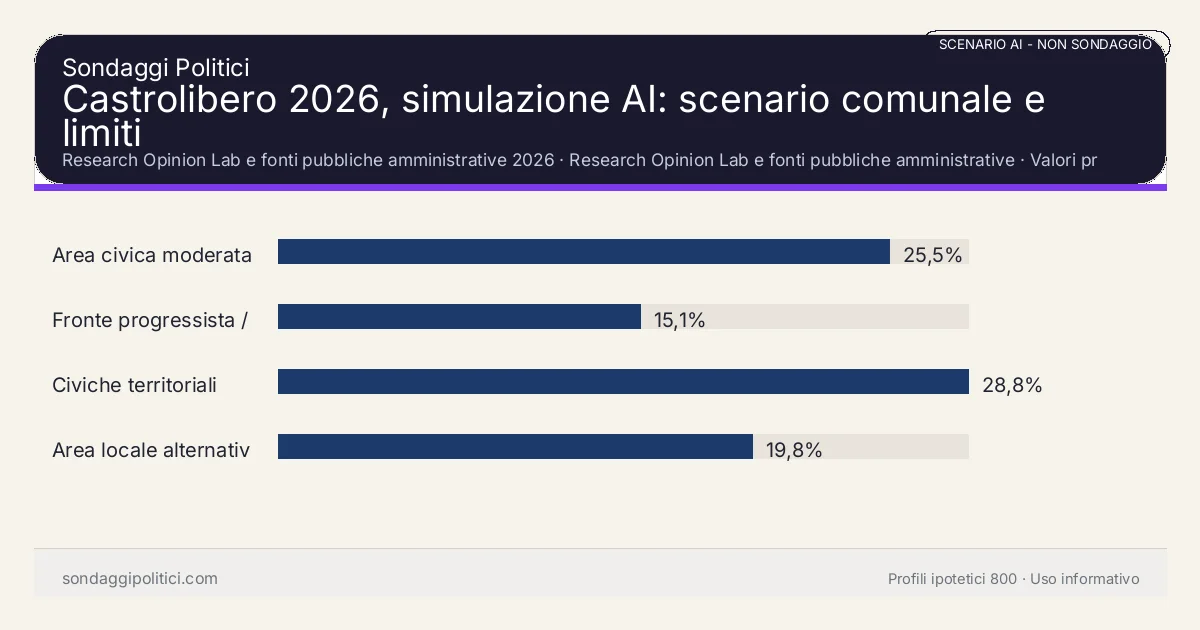 NON È UN SONDAGGIO Research Opinion Lab e fonti pubbliche amministrative 2026 Valori prodotti dal Research Opinion Lab e da leggere come scenario editoriale.: Castrolibero 2026, simulazione AI: scenario comunale e limiti. Risultati: Area civica moderata 25,5%, Fronte progressista / civico 15,1%, Civiche territoriali 28,8%. Scenario AI non demoscopico basato su fonti pubbliche e revisione umana; non è un sondaggio, non misura intenzioni di voto reali e non è una previsione elettorale.