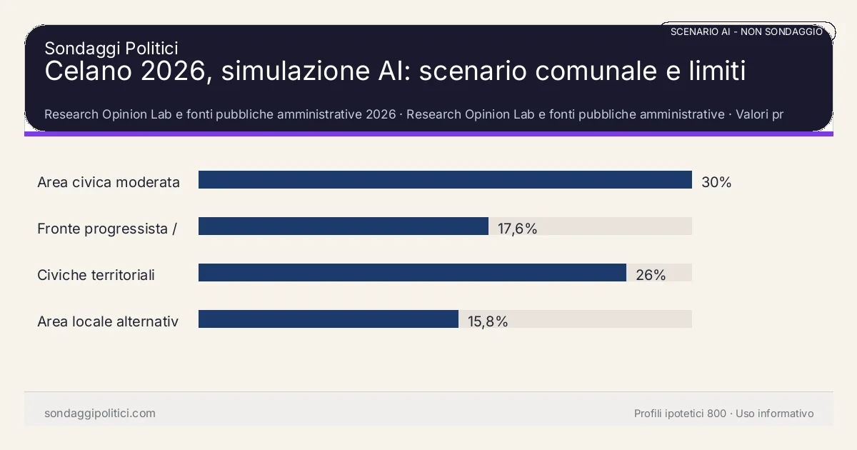 NON È UN SONDAGGIO Research Opinion Lab e fonti pubbliche amministrative 2026 Valori prodotti dal Research Opinion Lab e da leggere come scenario editoriale.: Celano 2026, simulazione AI: scenario comunale e limiti. Risultati: Area civica moderata 30%, Fronte progressista / civico 17,6%, Civiche territoriali 26%. Scenario AI non demoscopico basato su fonti pubbliche e revisione umana; non è un sondaggio, non misura intenzioni di voto reali e non è una previsione elettorale.