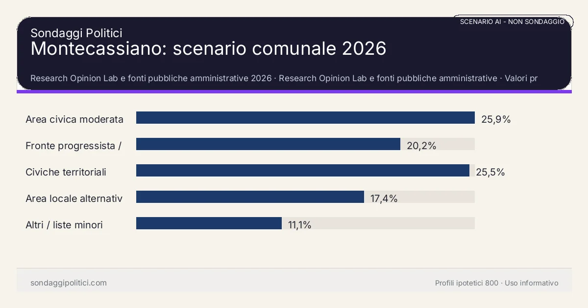 NON È UN SONDAGGIO Research Opinion Lab e fonti pubbliche amministrative 2026 Valori prodotti dal Research Opinion Lab e da leggere come scenario editoriale.: Montecassiano: scenario comunale 2026. Risultati: Area civica moderata 25,9%, Fronte progressista / civico 20,2%, Civiche territoriali 25,5%. Scenario AI non demoscopico: non è un sondaggio, non misura intenzioni di voto, non deriva da interviste o campioni rappresentativi e non è una previsione elettorale.