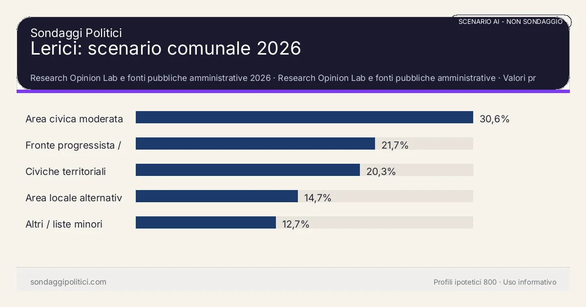 NON È UN SONDAGGIO Research Opinion Lab e fonti pubbliche amministrative 2026 Valori prodotti dal Research Opinion Lab e da leggere come scenario editoriale.: Lerici: scenario comunale 2026. Risultati: Area civica moderata 30,6%, Fronte progressista / civico 21,7%, Civiche territoriali 20,3%. Scenario AI non demoscopico: non è un sondaggio, non misura intenzioni di voto, non deriva da interviste o campioni rappresentativi e non è una previsione elettorale.