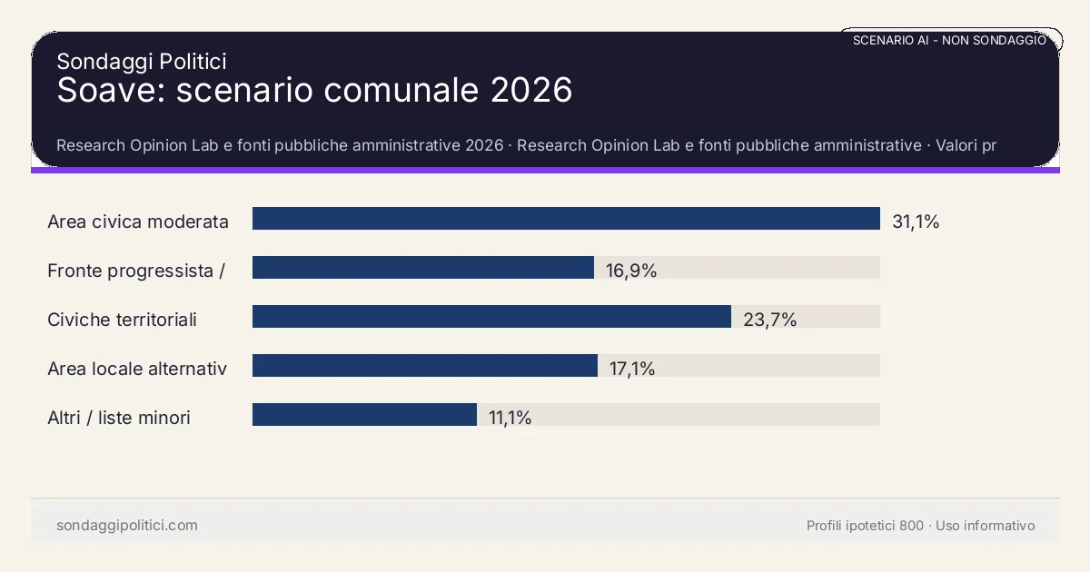 NON È UN SONDAGGIO Research Opinion Lab e fonti pubbliche amministrative 2026 Valori prodotti dal Research Opinion Lab e da leggere come scenario editoriale.: Soave: scenario comunale 2026. Risultati: Area civica moderata 31,1%, Fronte progressista / civico 16,9%, Civiche territoriali 23,7%. Scenario AI non demoscopico: non è un sondaggio, non misura intenzioni di voto, non deriva da interviste o campioni rappresentativi e non è una previsione elettorale.