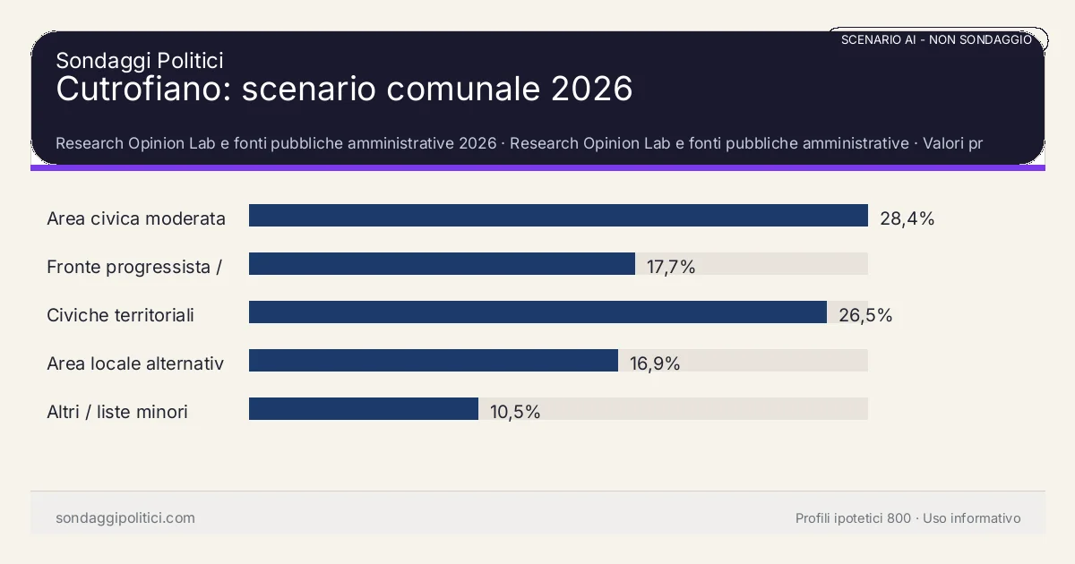 NON È UN SONDAGGIO Research Opinion Lab e fonti pubbliche amministrative 2026 Valori prodotti dal Research Opinion Lab e da leggere come scenario editoriale.: Cutrofiano: scenario comunale 2026. Risultati: Area civica moderata 28,4%, Fronte progressista / civico 17,7%, Civiche territoriali 26,5%. Scenario AI non demoscopico: non è un sondaggio, non misura intenzioni di voto, non deriva da interviste o campioni rappresentativi e non è una previsione elettorale.
