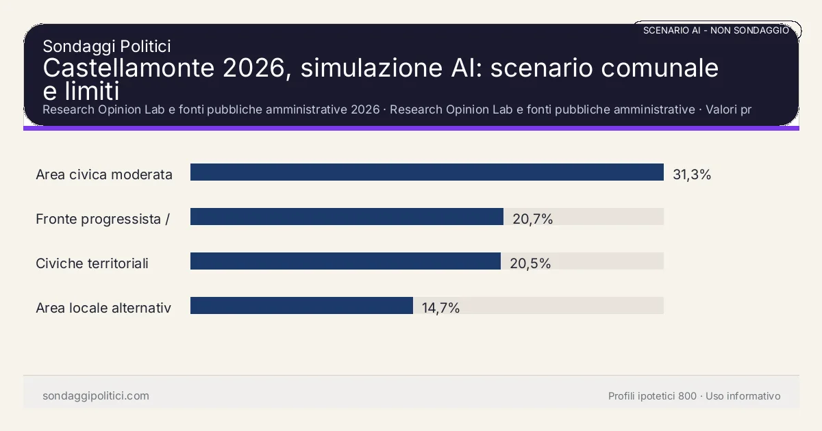 NON È UN SONDAGGIO Research Opinion Lab e fonti pubbliche amministrative 2026 Valori prodotti dal Research Opinion Lab e da leggere come scenario editoriale.: Castellamonte 2026, simulazione AI: scenario comunale e limiti. Risultati: Area civica moderata 31,3%, Fronte progressista / civico 20,7%, Civiche territoriali 20,5%. Scenario AI non demoscopico basato su fonti pubbliche e revisione umana; non è un sondaggio, non misura intenzioni di voto reali e non è una previsione elettorale.