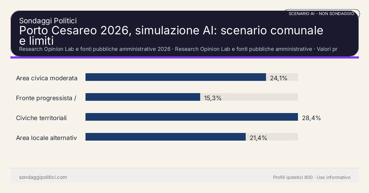 NON È UN SONDAGGIO Research Opinion Lab e fonti pubbliche amministrative 2026 Valori prodotti dal Research Opinion Lab e da leggere come scenario editoriale.: Porto Cesareo 2026, simulazione AI: scenario comunale e limiti. Risultati: Area civica moderata 24,1%, Fronte progressista / civico 15,3%, Civiche territoriali 28,4%. Scenario AI non demoscopico basato su fonti pubbliche e revisione umana; non è un sondaggio, non misura intenzioni di voto reali e non è una previsione elettorale.