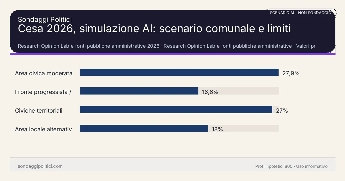 NON È UN SONDAGGIO Research Opinion Lab e fonti pubbliche amministrative 2026 Valori prodotti dal Research Opinion Lab e da leggere come scenario editoriale.: Cesa 2026, simulazione AI: scenario comunale e limiti. Risultati: Area civica moderata 27,9%, Fronte progressista / civico 16,6%, Civiche territoriali 27%. Scenario AI non demoscopico basato su fonti pubbliche e revisione umana; non è un sondaggio, non misura intenzioni di voto reali e non è una previsione elettorale.
