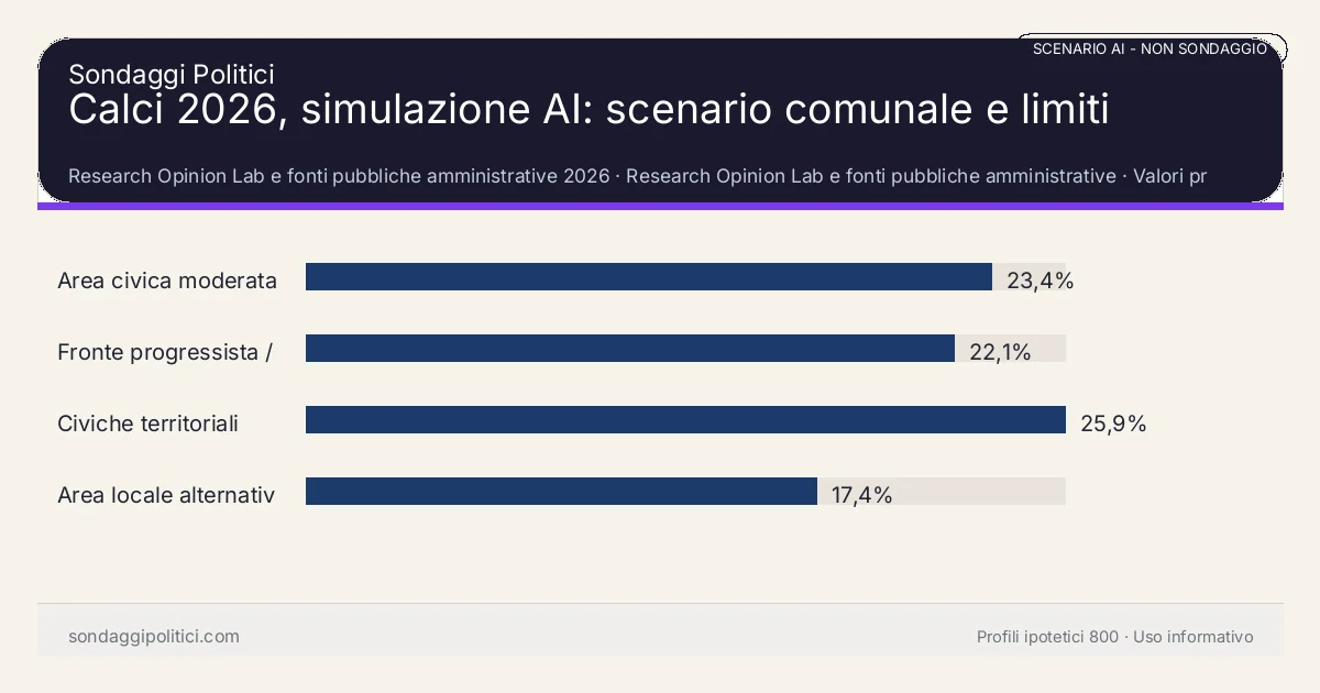 NON È UN SONDAGGIO Research Opinion Lab e fonti pubbliche amministrative 2026 Valori prodotti dal Research Opinion Lab e da leggere come scenario editoriale.: Calci 2026, simulazione AI: scenario comunale e limiti. Risultati: Area civica moderata 23,4%, Fronte progressista / civico 22,1%, Civiche territoriali 25,9%. Scenario AI non demoscopico basato su fonti pubbliche e revisione umana; non è un sondaggio, non misura intenzioni di voto reali e non è una previsione elettorale.
