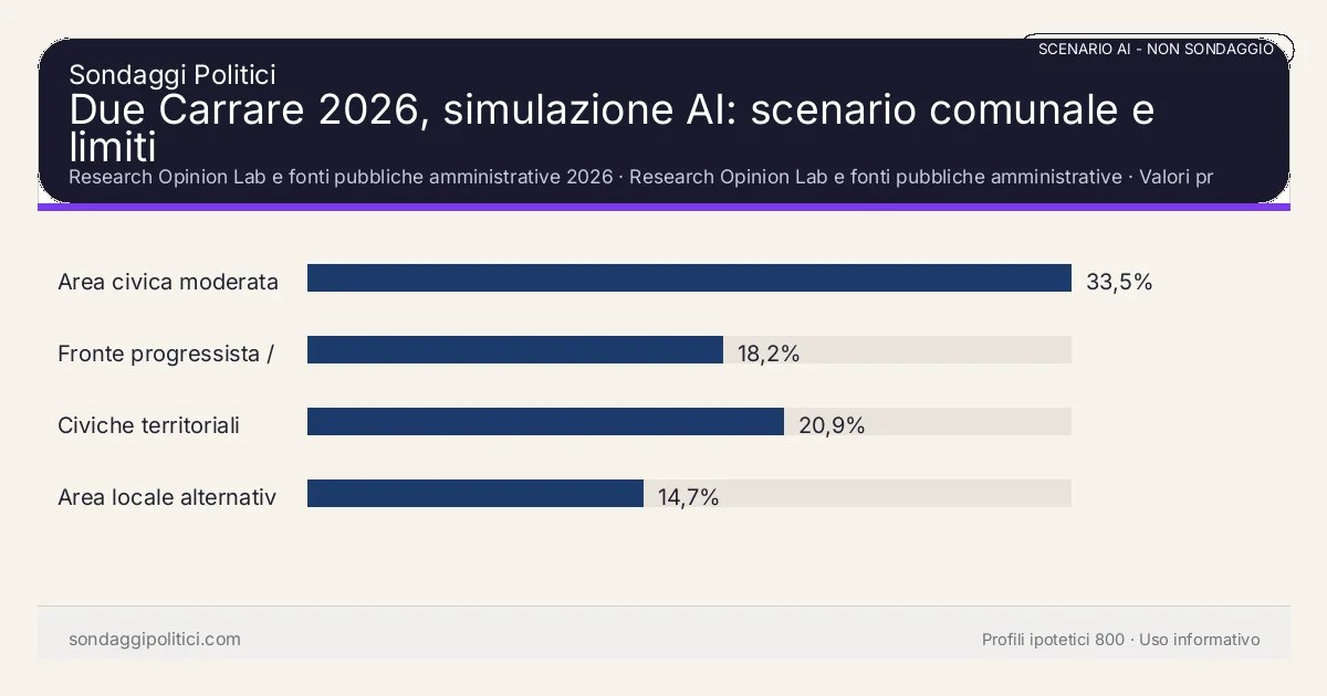 NON È UN SONDAGGIO Research Opinion Lab e fonti pubbliche amministrative 2026 Valori prodotti dal Research Opinion Lab e da leggere come scenario editoriale.: Due Carrare 2026, simulazione AI: scenario comunale e limiti. Risultati: Area civica moderata 33,5%, Fronte progressista / civico 18,2%, Civiche territoriali 20,9%. Scenario AI non demoscopico basato su fonti pubbliche e revisione umana; non è un sondaggio, non misura intenzioni di voto reali e non è una previsione elettorale.