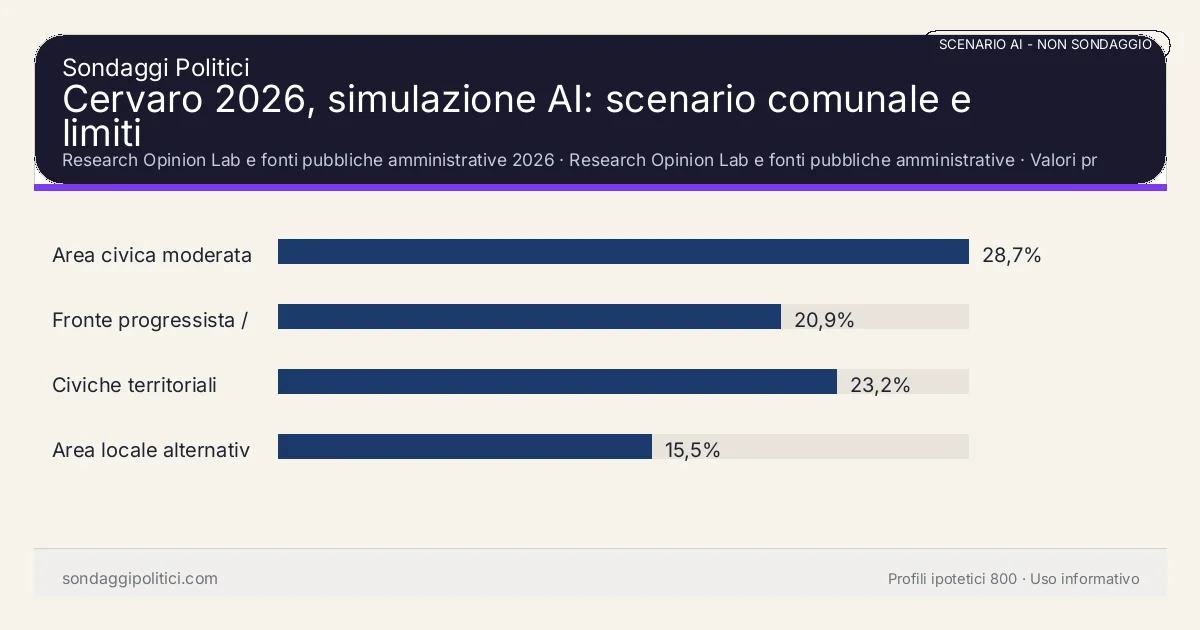 NON È UN SONDAGGIO Research Opinion Lab e fonti pubbliche amministrative 2026 Valori prodotti dal Research Opinion Lab e da leggere come scenario editoriale.: Cervaro 2026, simulazione AI: scenario comunale e limiti. Risultati: Area civica moderata 28,7%, Fronte progressista / civico 20,9%, Civiche territoriali 23,2%. Scenario AI non demoscopico basato su fonti pubbliche e revisione umana; non è un sondaggio, non misura intenzioni di voto reali e non è una previsione elettorale.