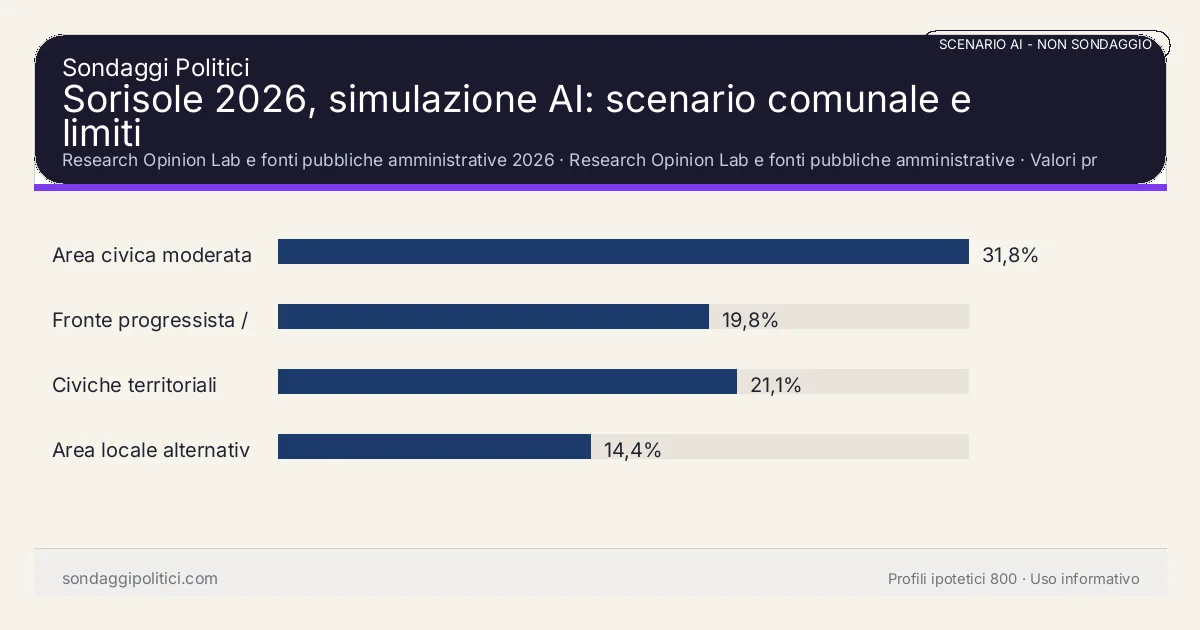 NON È UN SONDAGGIO Research Opinion Lab e fonti pubbliche amministrative 2026 Valori prodotti dal Research Opinion Lab e da leggere come scenario editoriale.: Sorisole 2026, simulazione AI: scenario comunale e limiti. Risultati: Area civica moderata 31,8%, Fronte progressista / civico 19,8%, Civiche territoriali 21,1%. Scenario AI non demoscopico basato su fonti pubbliche e revisione umana; non è un sondaggio, non misura intenzioni di voto reali e non è una previsione elettorale.