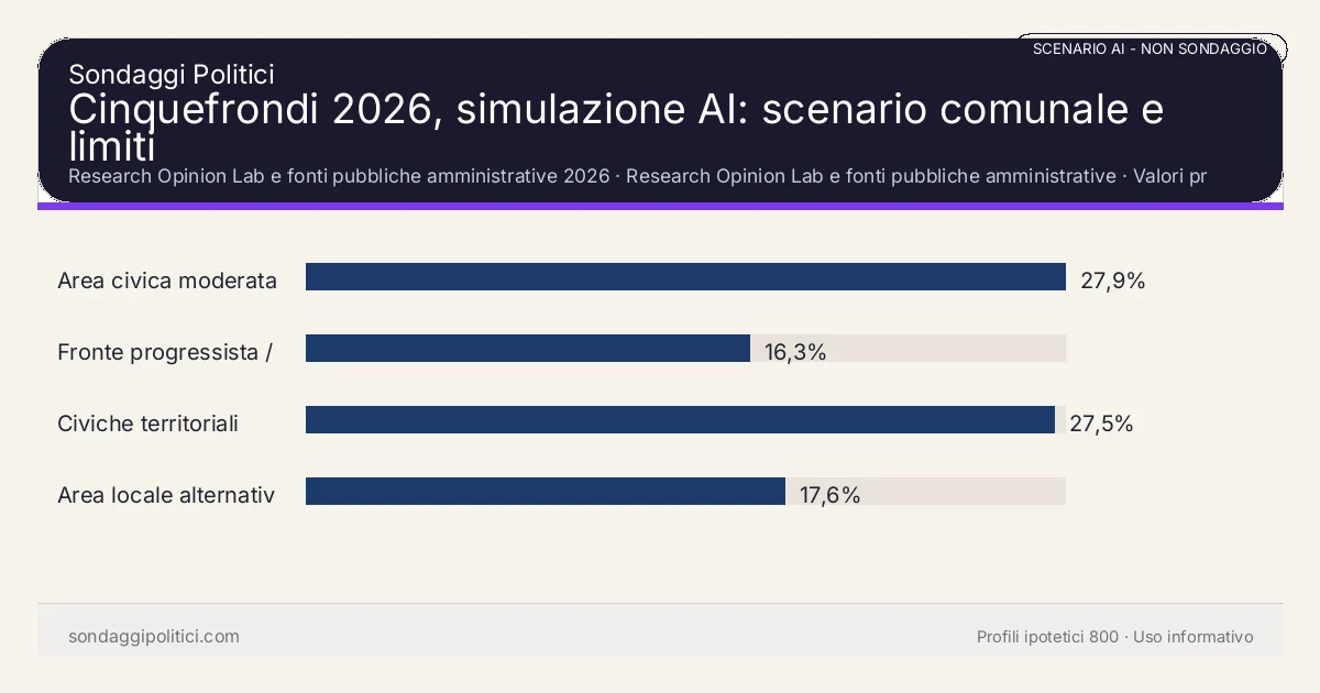 NON È UN SONDAGGIO Research Opinion Lab e fonti pubbliche amministrative 2026 Valori prodotti dal Research Opinion Lab e da leggere come scenario editoriale.: Cinquefrondi 2026, simulazione AI: scenario comunale e limiti. Risultati: Area civica moderata 27,9%, Fronte progressista / civico 16,3%, Civiche territoriali 27,5%. Scenario AI non demoscopico basato su fonti pubbliche e revisione umana; non è un sondaggio, non misura intenzioni di voto reali e non è una previsione elettorale.