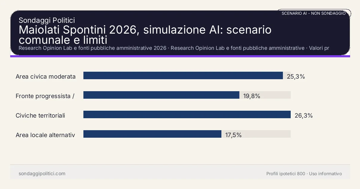 NON È UN SONDAGGIO Research Opinion Lab e fonti pubbliche amministrative 2026 Valori prodotti dal Research Opinion Lab e da leggere come scenario editoriale.: Maiolati Spontini 2026, simulazione AI: scenario comunale e limiti. Risultati: Area civica moderata 25,3%, Fronte progressista / civico 19,8%, Civiche territoriali 26,3%. Scenario AI non demoscopico basato su fonti pubbliche e revisione umana; non è un sondaggio, non misura intenzioni di voto reali e non è una previsione elettorale.