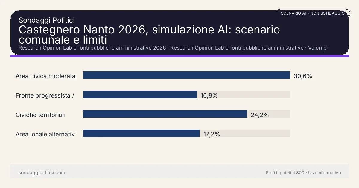 NON È UN SONDAGGIO Research Opinion Lab e fonti pubbliche amministrative 2026 Valori prodotti dal Research Opinion Lab e da leggere come scenario editoriale.: Castegnero Nanto 2026, simulazione AI: scenario comunale e limiti. Risultati: Area civica moderata 30,6%, Fronte progressista / civico 16,8%, Civiche territoriali 24,2%. Scenario AI non demoscopico basato su fonti pubbliche e revisione umana; non è un sondaggio, non misura intenzioni di voto reali e non è una previsione elettorale.