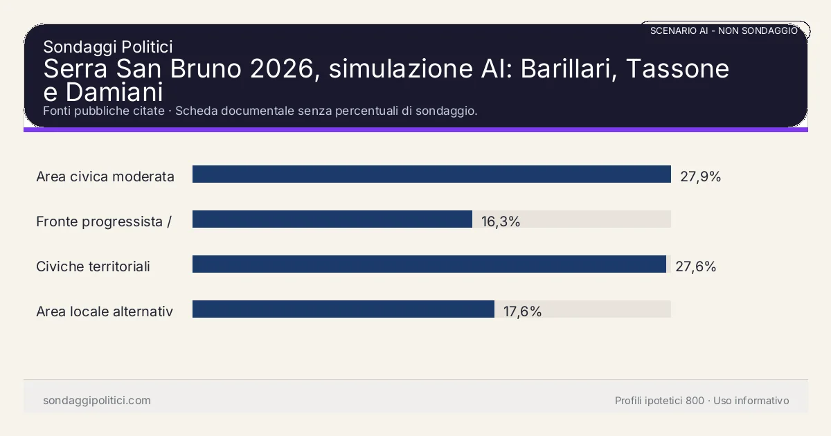 NON È UN SONDAGGIO Fonti pubbliche citate Scheda documentale senza percentuali di sondaggio.: Serra San Bruno 2026, simulazione AI: Barillari, Tassone e Damiani. Risultati: Area civica moderata 27,9%, Fronte progressista / civico 16,3%, Civiche territoriali 27,6%. Scenario AI non demoscopico basato su fonti pubbliche e revisione umana; non è un sondaggio, non misura intenzioni di voto reali e non è una previsione elettorale.
