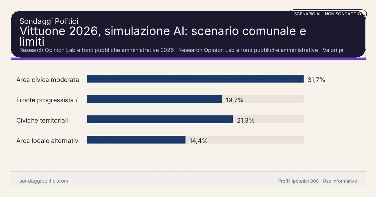 NON È UN SONDAGGIO Research Opinion Lab e fonti pubbliche amministrative 2026 Valori prodotti dal Research Opinion Lab e da leggere come scenario editoriale.: Vittuone 2026, simulazione AI: scenario comunale e limiti. Risultati: Area civica moderata 31,7%, Fronte progressista / civico 19,7%, Civiche territoriali 21,3%. Scenario AI non demoscopico basato su fonti pubbliche e revisione umana; non è un sondaggio, non misura intenzioni di voto reali e