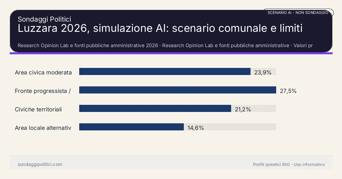 NON È UN SONDAGGIO Research Opinion Lab e fonti pubbliche amministrative 2026 Valori prodotti dal Research Opinion Lab e da leggere come scenario editoriale.: Luzzara 2026, simulazione AI: scenario comunale e limiti. Risultati: Area civica moderata 23,9%, Fronte progressista / civico 27,5%, Civiche territoriali 21,2%. Scenario AI non demoscopico basato su fonti pubbliche e revisione umana; non è un sondaggio, non misura intenzioni di voto reali e non è una previsione elettorale.