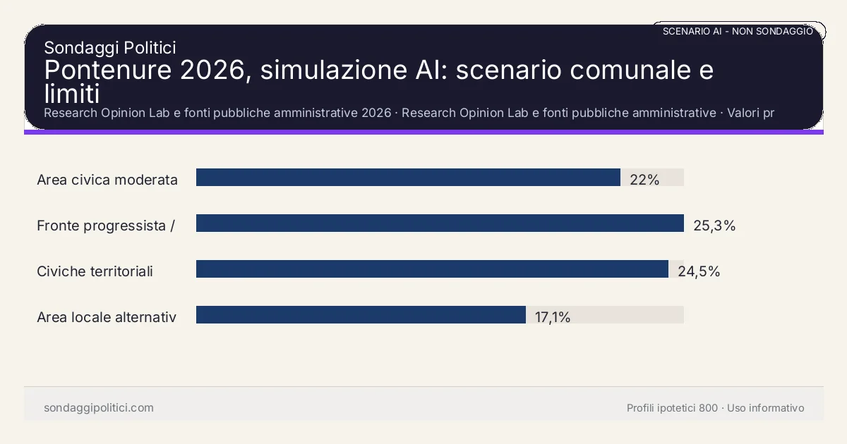 NON È UN SONDAGGIO Research Opinion Lab e fonti pubbliche amministrative 2026 Valori prodotti dal Research Opinion Lab e da leggere come scenario editoriale.: Pontenure 2026, simulazione AI: scenario comunale e limiti. Risultati: Area civica moderata 22%, Fronte progressista / civico 25,3%, Civiche territoriali 24,5%. Scenario AI non demoscopico basato su fonti pubbliche e revisione umana; non è un sondaggio, non misura intenzioni di voto reali e non è una previsione elettorale.