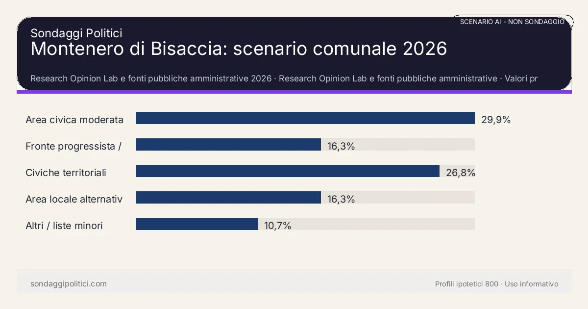 NON È UN SONDAGGIO Research Opinion Lab e fonti pubbliche amministrative 2026 Valori prodotti dal Research Opinion Lab e da leggere come scenario editoriale.: Montenero di Bisaccia: scenario comunale 2026. Risultati: Area civica moderata 29,9%, Fronte progressista / civico 16,3%, Civiche territoriali 26,8%. Scenario AI non demoscopico: non è un sondaggio, non misura intenzioni di voto, non deriva da interviste o campioni rappresentativi e non è una previsione elettorale.