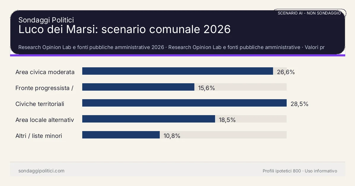NON È UN SONDAGGIO Research Opinion Lab e fonti pubbliche amministrative 2026 Valori prodotti dal Research Opinion Lab e da leggere come scenario editoriale.: Luco dei Marsi: scenario comunale 2026. Risultati: Area civica moderata 26,6%, Fronte progressista / civico 15,6%, Civiche territoriali 28,5%. Scenario AI non demoscopico: non è un sondaggio, non misura intenzioni di voto, non deriva da interviste o campioni rappresentativi e non è una previsione elettorale.