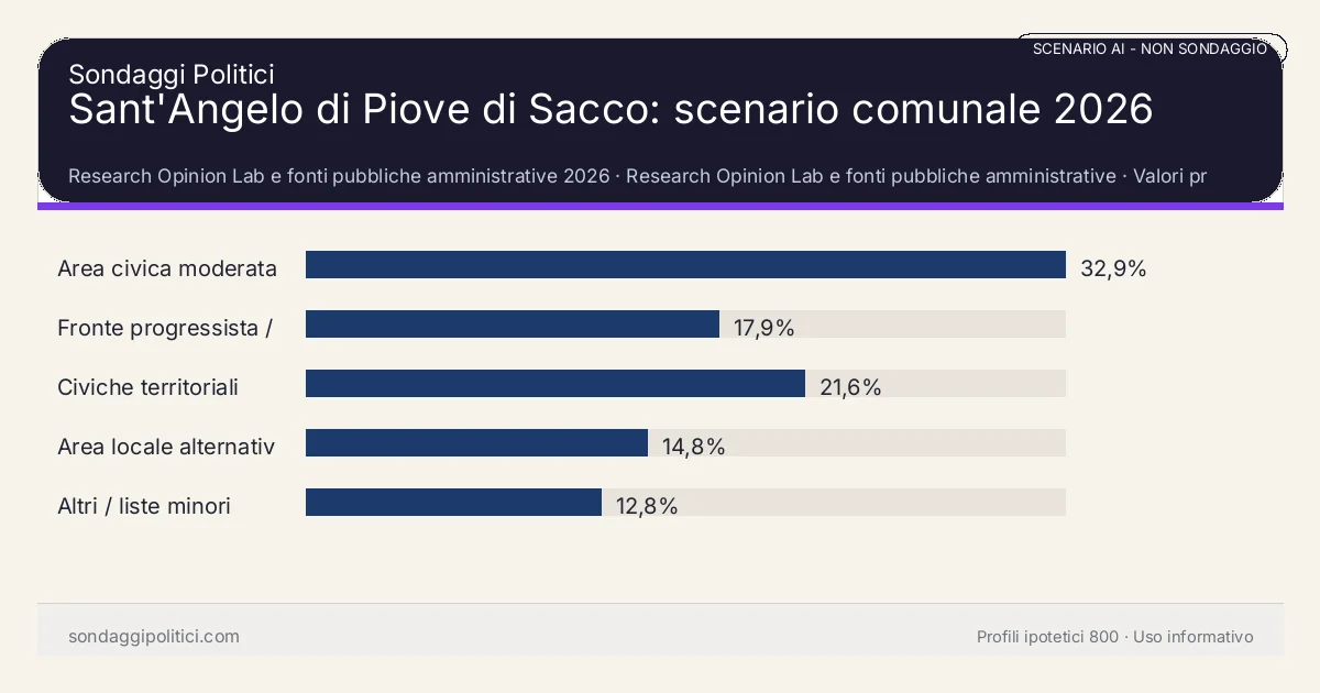 NON È UN SONDAGGIO Research Opinion Lab e fonti pubbliche amministrative 2026 Valori prodotti dal Research Opinion Lab e da leggere come scenario editoriale.: Sant'Angelo di Piove di Sacco: scenario comunale 2026. Risultati: Area civica moderata 32,9%, Fronte progressista / civico 17,9%, Civiche territoriali 21,6%. Scenario AI non demoscopico: non è un sondaggio, non misura intenzioni di voto, non deriva da interviste o campioni rappresentativi e non è una previsione elettorale.