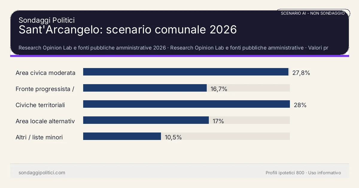 NON È UN SONDAGGIO Research Opinion Lab e fonti pubbliche amministrative 2026 Valori prodotti dal Research Opinion Lab e da leggere come scenario editoriale.: Sant'Arcangelo: scenario comunale 2026. Risultati: Area civica moderata 27,8%, Fronte progressista / civico 16,7%, Civiche territoriali 28%. Scenario AI non demoscopico: non è un sondaggio, non misura intenzioni di voto, non deriva da interviste o campioni rappresentativi e non è una previsione elettorale.