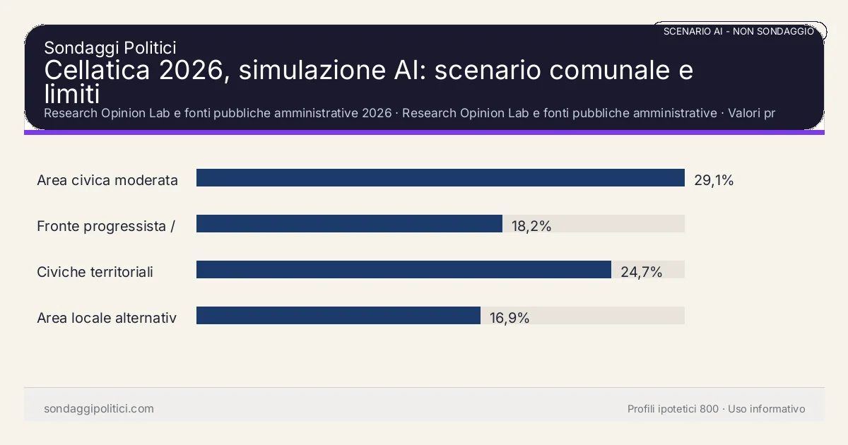 NON È UN SONDAGGIO Research Opinion Lab e fonti pubbliche amministrative 2026 Valori prodotti dal Research Opinion Lab e da leggere come scenario editoriale.: Cellatica 2026, simulazione AI: scenario comunale e limiti. Risultati: Area civica moderata 29,1%, Fronte progressista / civico 18,2%, Civiche territoriali 24,7%. Scenario AI non demoscopico basato su fonti pubbliche e revisione umana; non è un sondaggio, non misura intenzioni di voto reali e non è una previsione elettorale.